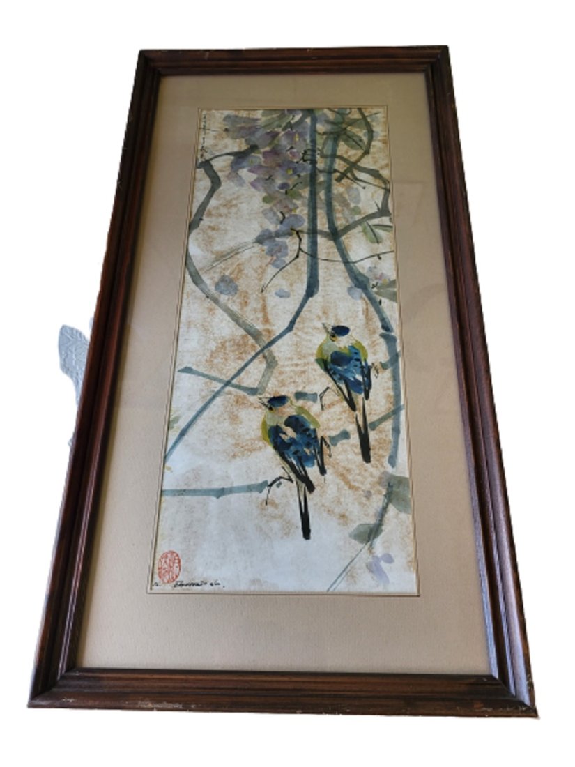 vtg shoushan watercolor blue birds on wove paper: beautiful 13 1/2" x 25 1/2" framed size see pics signed