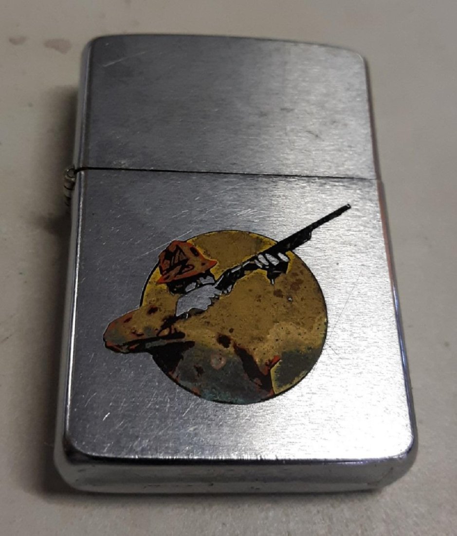 Vintage Zippo Sportsman Lighter: vintage zippo lighter hunter or sportsman lighter 5 strikes on bottom check out the pics loss to the hunter otherwise very nice used conditon tight lid and hinge see pics