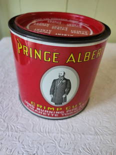 prince albert vtg crimp cut tobacco tin super nice: one of the nicest examples seen in a long tim 5" tall 5 1/4" wide super clean seepics