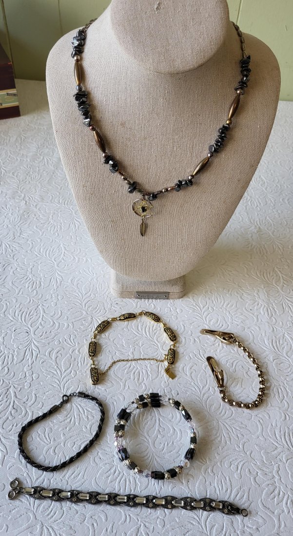 Necklace, Earrings, Bracelets,estate jewelry: hematite necklace w/dream catcher and gold tone bracelet, cable bracelet rhinestone bracelet ++ all for one bid see picsdisplay not included
