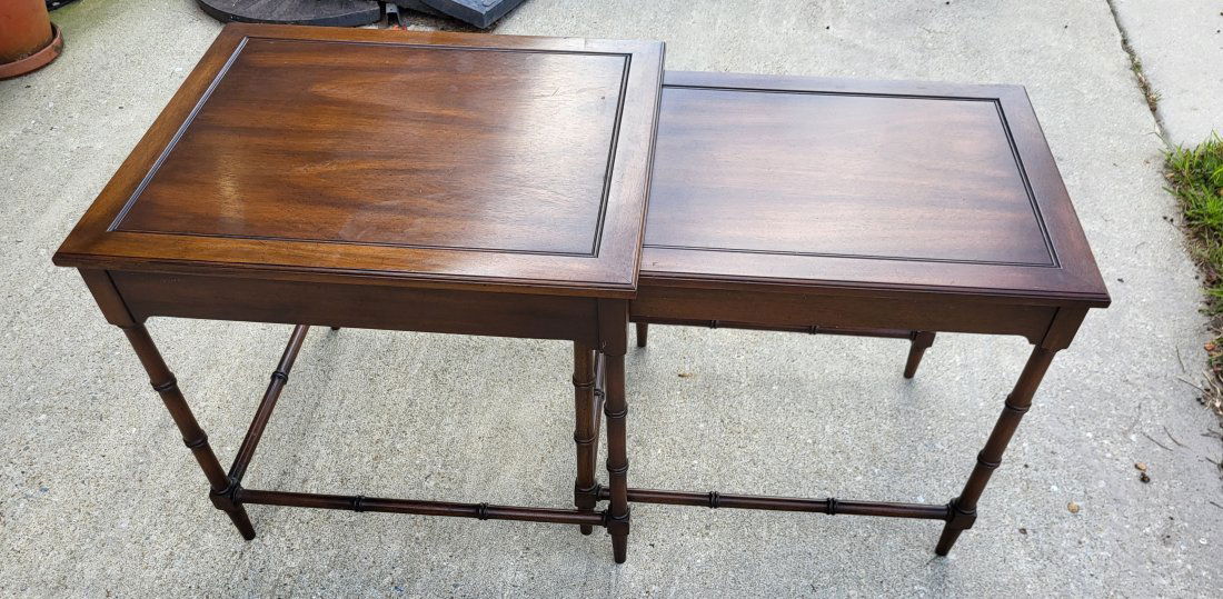 vtg asain style bamboo nesting tables (2): largest is 23" x 22" x 26" other one is slightly smaller and slides into the the larger one . just two pcs very good pre owned condition seepics both for one bid