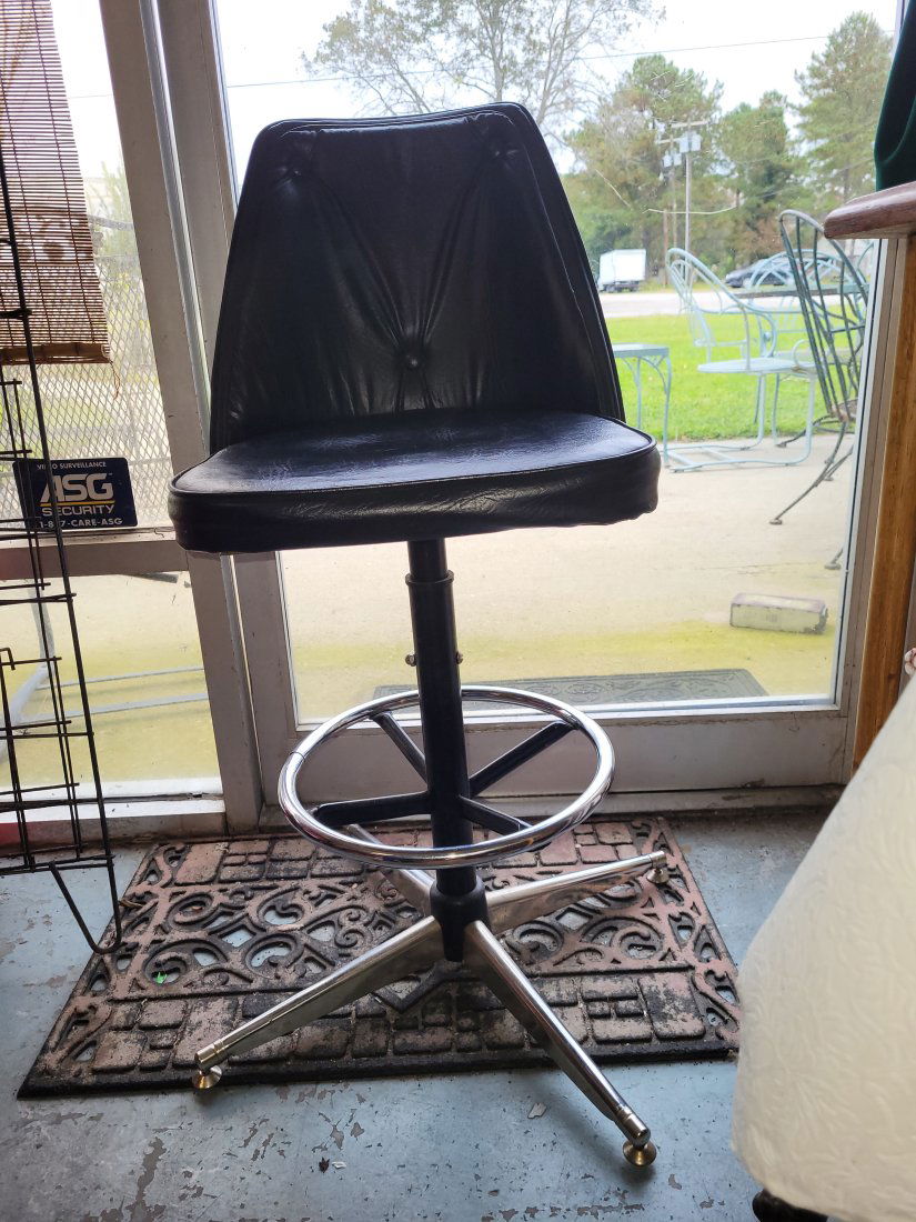 MCM Admiral Ind? Chrome & black vinyl bar stool with .back and foot rest: very nice bar stool from the 1970's in very good condition swivels, seat 15 1/2" wide to seat 24" tall to top ob ack 36" see pics