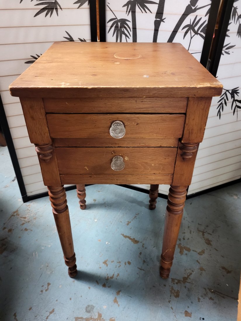 antique 2 drawer stand circa 1840's farmhouse: from estate 30 1/2" tall x 17" x 17 1/2" top hand dovetails, square cut nails see pics