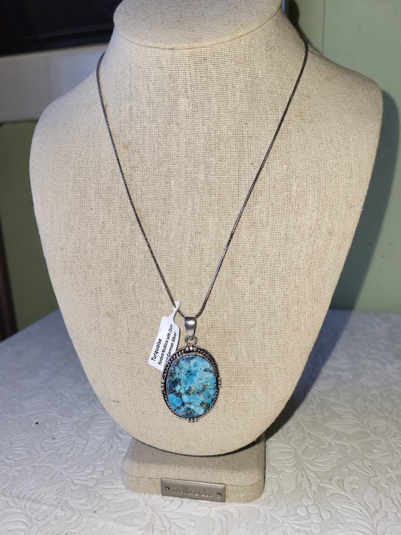 turquoise pendant w/chain necklace german silver (1 of 2)
