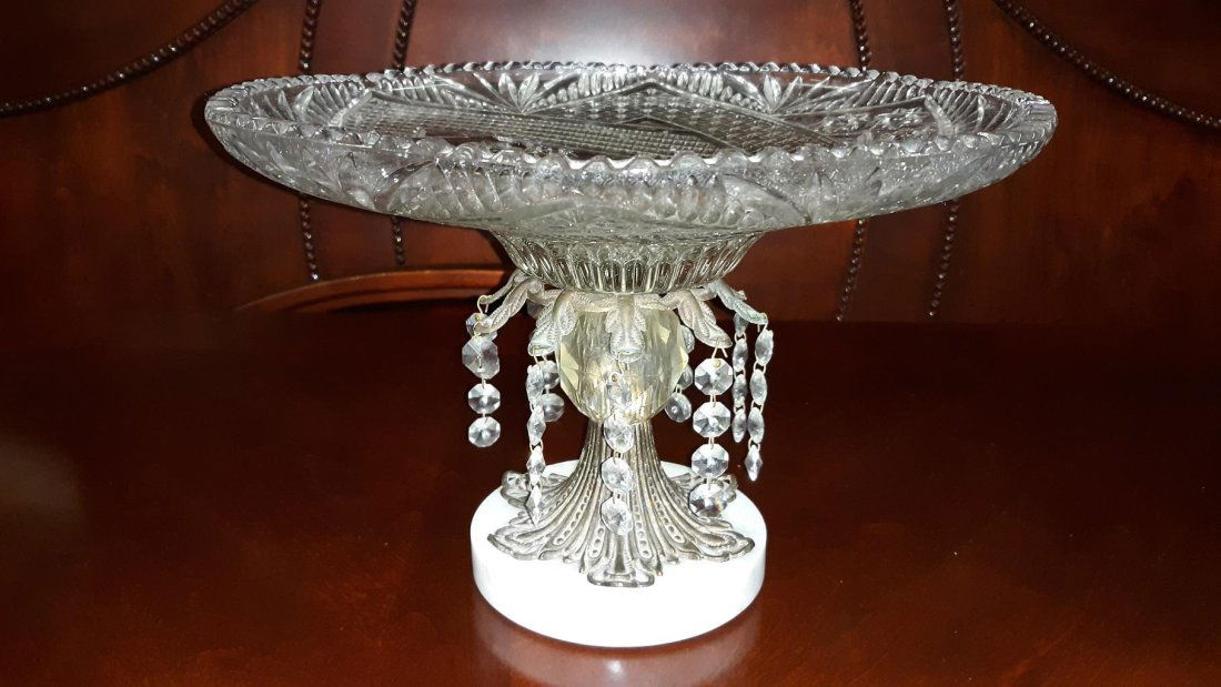 Vintage Large Monarch Crystal and Brass Compote with Prisms on Marble Base, (1 of 3)