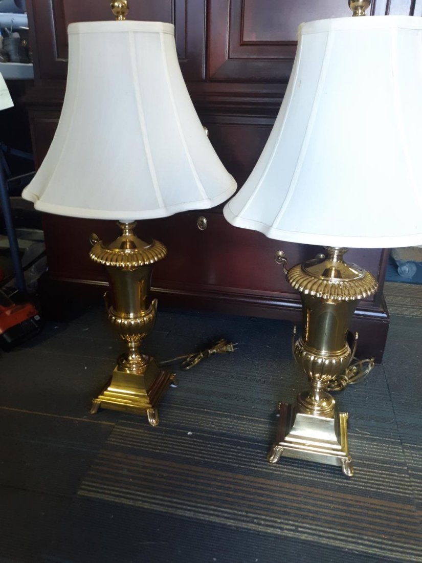 Lamps Regency Brass with shades lot of 2: very high quality brass and very heavy regency style lamps you are bidding on a pair w/shades very good condition with minor spotting on top of lamp not seen displayed 33" tall to top seepics 2 for on