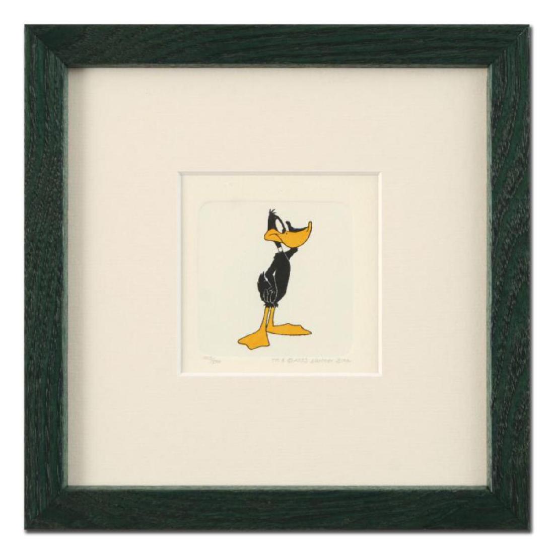 "Daffy Duck (Looking to the Side)" Framed Limited: "Daffy Duck (Looking to the Side)" is a limited edition etching on paper with hand-tinted coloring from Warner Bros, numbered and dated 1999. This piece comes framed. Measures approx. 8.5" x 8.5" (wit