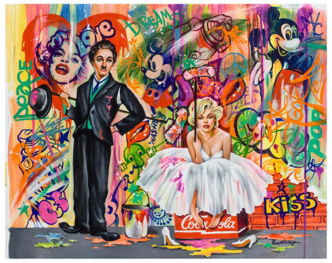 Nastya Rovenskaya Charlie and Marilyn Monroe HS/N XL: Artist: Nastya Rovenskaya. Medium: Giclee on Canvas. Limited edition of 195. Hand signed by the artist. Image Size: 24x30". Stretched and ready to hang. Comes with a certificate of authenticity from t