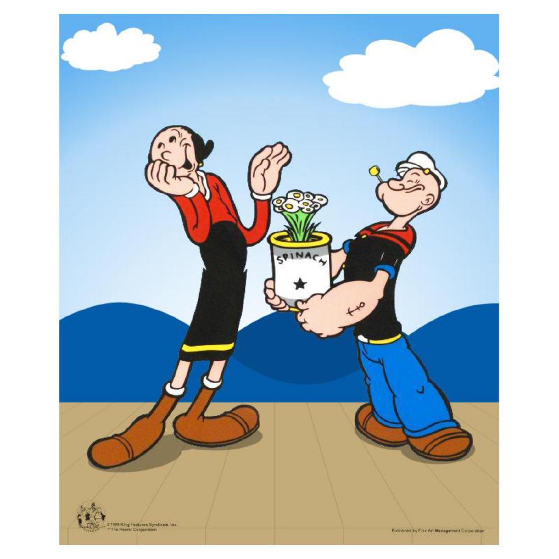 "Popeye Spinach" Limited Edition Popeye Sericel with: Perfect for the casual fan and the avid collector, this image of Popeye offering Olive Oyl a bouquet of flowers in a spinach can captures the essence of these characters! "Popeye Spinach" is a deluxe 