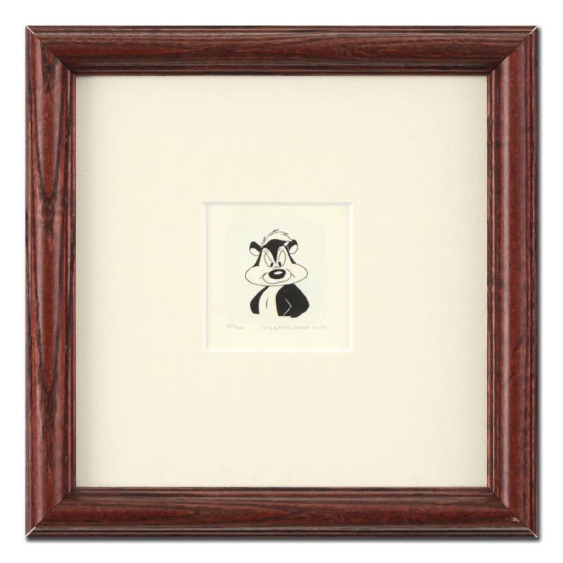 "Pepe Le Pew" Framed Limited Edition Etching with: "Pepe Le Pew" is a limited edition etching on paper with hand-tinted coloring from Warner Bros, numbered and dated 1999. This piece comes framed. Measures approx. 8.5" x 8.5" (with frame), 1" x 1.5" (