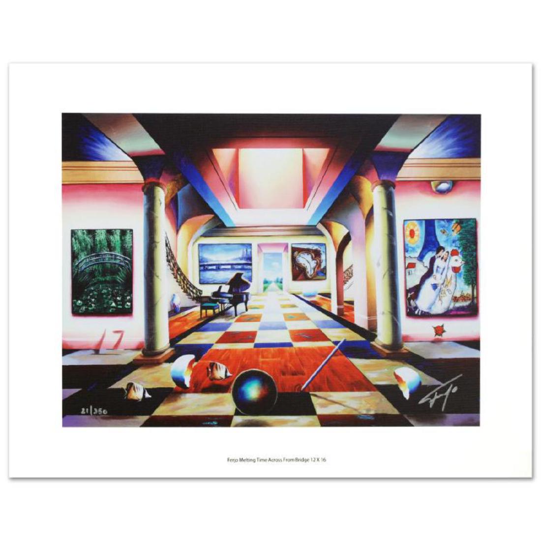 "Melting Time Across from Bridge" Limited Edition: "Melting Time Across from Bridge" is a limited edition giclee on canvas, numbered and hand signed by Ferjo. Includes Certificate of Authenticity! Measures approx. 16" x 12" (image).