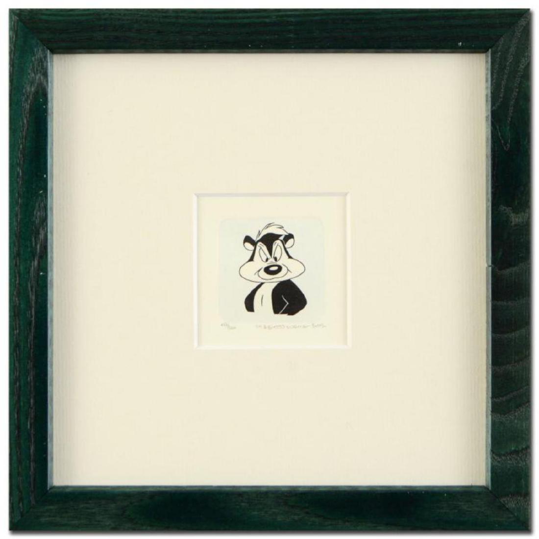 "Pepe Le Pew" Framed Limited Edition Hand-Tinted: "Pepe Le Pew" is a limited edition etching on paper with hand-tinted coloring from Warner Bros. (dated 1999) and numbered! This piece is framed. Measures approx. 8.5" x 8.5" (with frame), 1.5" x 1.5" 