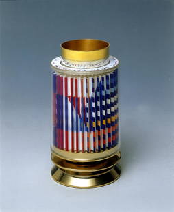 YAACOV AGAM REVOLVING KIDDUSH CUP: This is a 925 sterling silver kiddush cup with 24k gold plated which fits inside the revolving Agam serigraph contained in the lucite cylinder. when you Spin the cup you see the star of David magicall