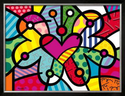 Romero Britto "Heart Butterfly" Custom Framed Offset: Artist: Romero Britto. Medium: Offset Lithograph. Size: 35 x 27". Title: Heart Butterfly.