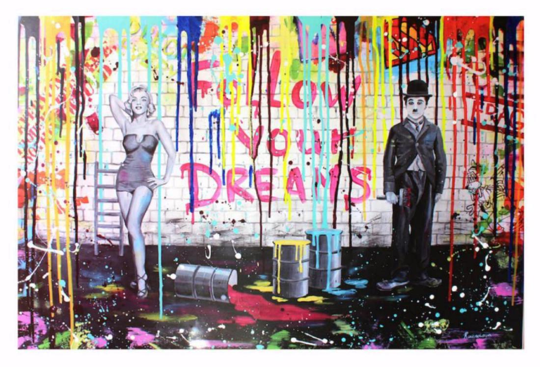 Nastya Rovenskaya- Mixed Media "Charlie and Marilyn": Artist: Nastya Rovenskaya. Medium: Mixed Media. Title: Charlie and Marilyn. Size (Unframed): 30" x 40". Certificate of Authenticity: From the publisher. Additional: Only one of a kind Hand Embellished