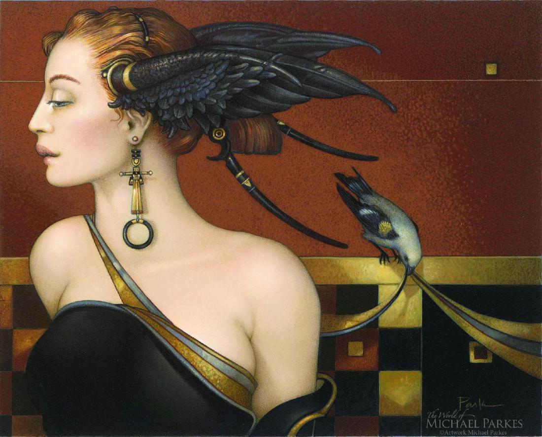 Michael Parkes "Black Orchid" Masterworks on Canvas: Artist: Michael Parkes. Medium: Masterworks on Canvas. Title: Black Orchid. Size: 12.5" x 16" inches. Edition: 60 Signed and Numbered. Certificate of authenticity is included.