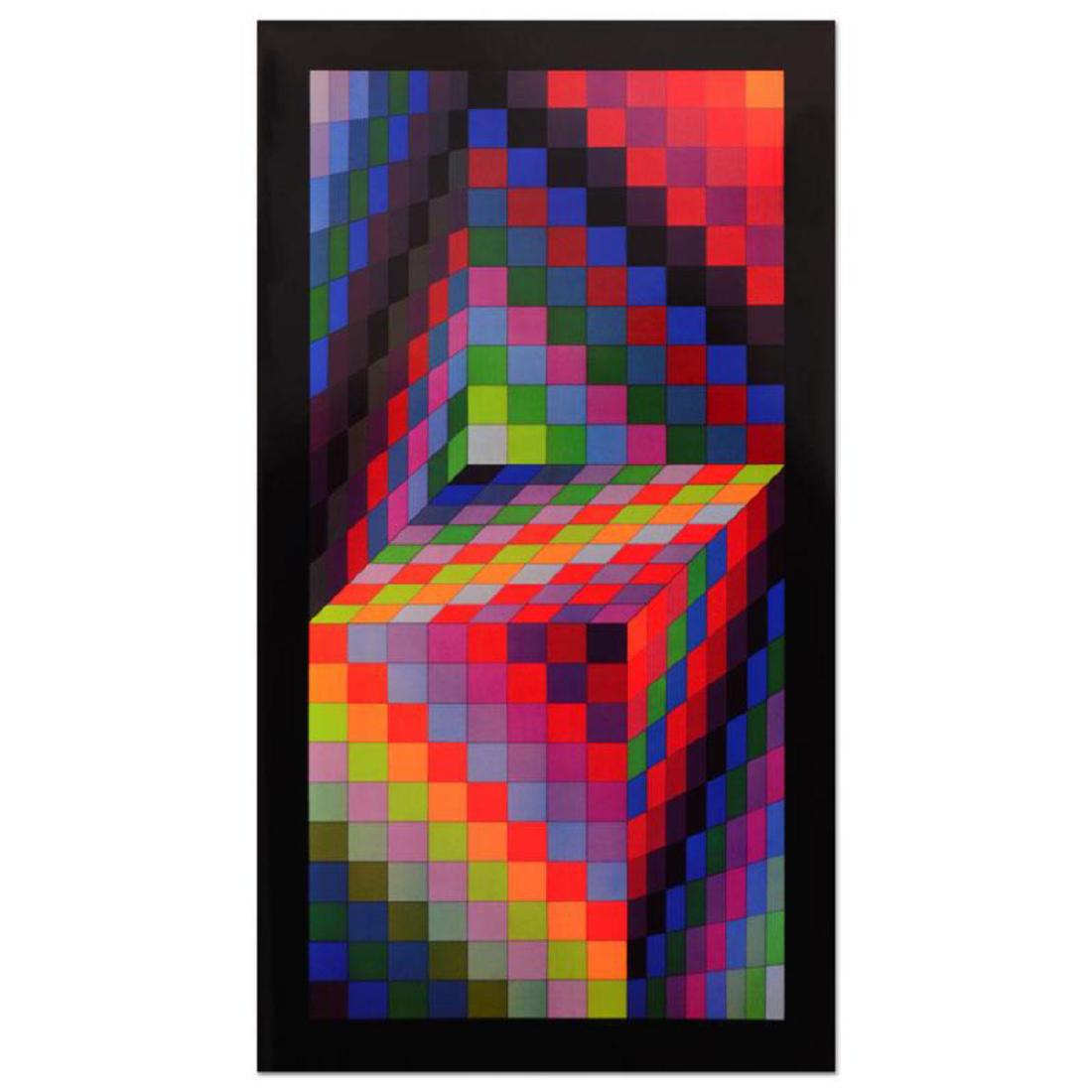 Victor Vasarely (1908-1997) - "Axo" Heliogravure Print,: "Axo" is a heliogravure print on paper by Victor Vasarely (1908-1997). This piece is titled inverso. Measures approx. 16.5" x 31.5" (image).