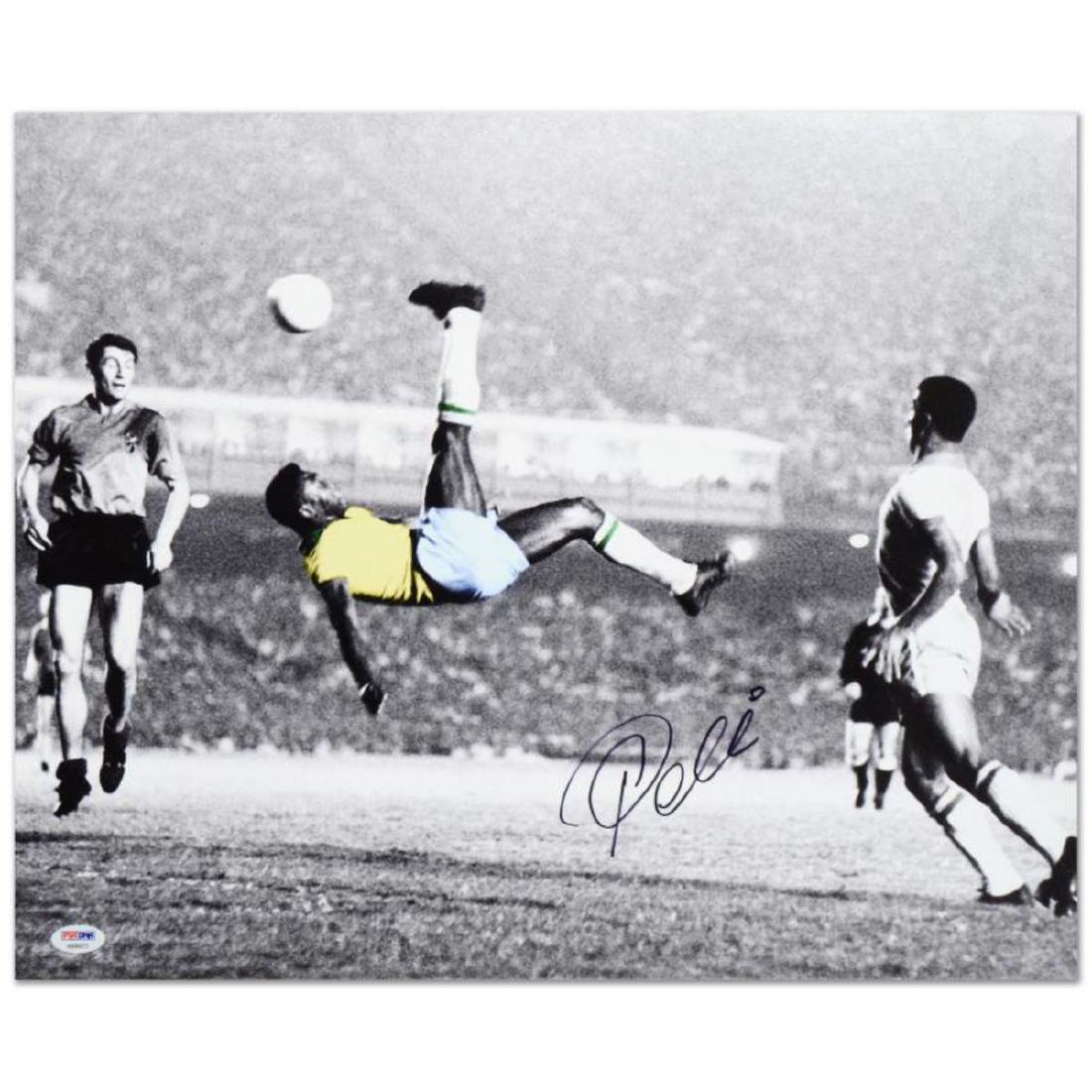 "Scissor Kick" Print, Autographed by Legendary: "Scissor Kick" is a print on paper that is autographed by legendary Brazilian footballer, Pele! This piece is presented with a Certificate of Authenticity from PSA/DNA, which authenticates sports memo