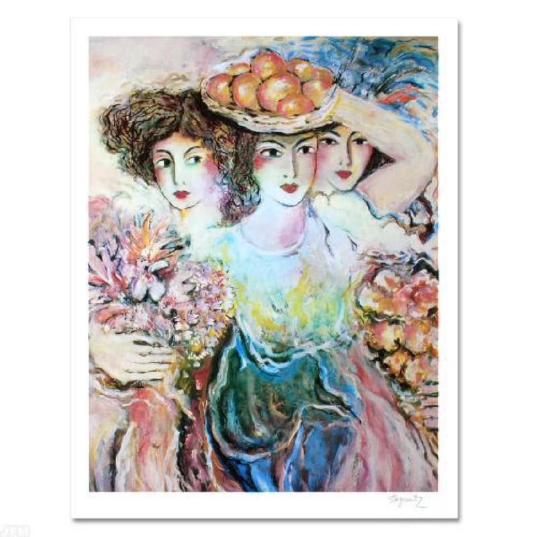 "Three Women" Limited Edition Lithograph by Zamy: With soft, sweeping brush strokes and a delicate color palette, Zamy Steynovitz (1951-2000) created sweet, romantic artwork. "Three Women" is a limited edition offset lithograph on paper, numbered and