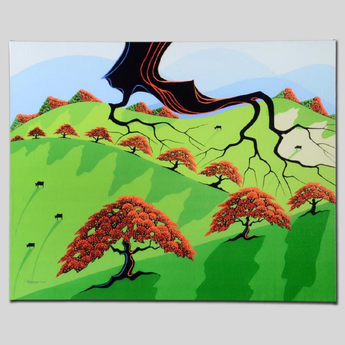 "Fall Fields" Limited Edition Giclee on Canvas by: Larissa Holt, a student of distinguished artist Eyvind Earle(1916-2000), uses bold colors and breathtaking scenery to create images of Nature in her own unique style. "Fall Fields" is a limited editio