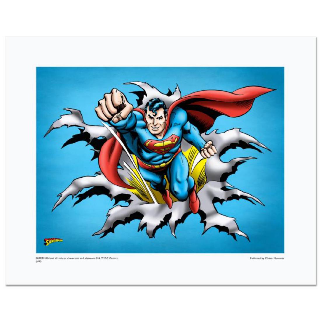 "Superman Fist Forward" Numbered Limited Edition Giclee: "Superman Fist Forward" is a limited edition giclee on paper licensed by DC Comics. The piece is numbered and includes Certificate of Authenticity. Measures approx. 16" x 20" (with border), 12" x 16" 
