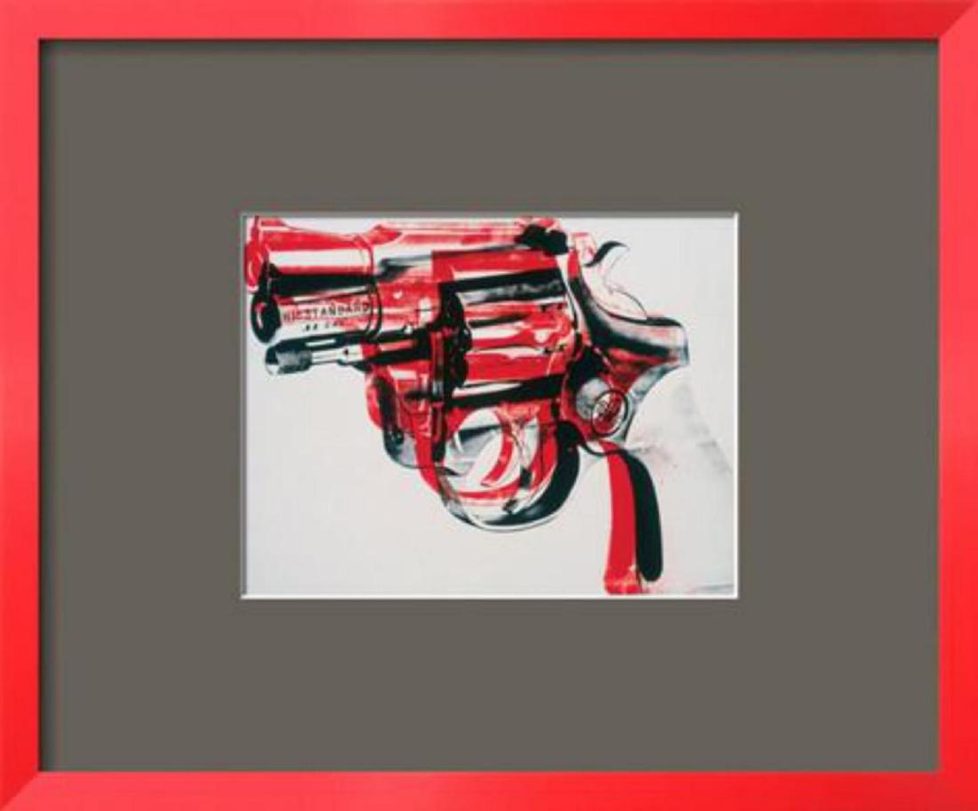 Andy Warhol "Gun, c.1981-82 (black and red on white)": Artist: Andy Warhol. Medium: Offset lithograph. Title: Gun, c.1981-82 (black and red on white). Size: 21 x 17 inch. Custom Framed.