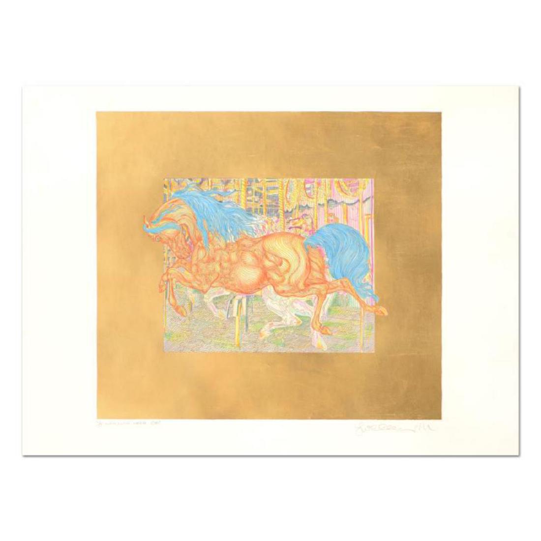 Guillaume Azoulay "Manege" Hand colored etching on: Artist: Guillaume Azoulay. Medium: Hand colored etching on paper with hand laid gold leaf. Title: Manege. Size: 29.5" x 22". Hand signed and numbered