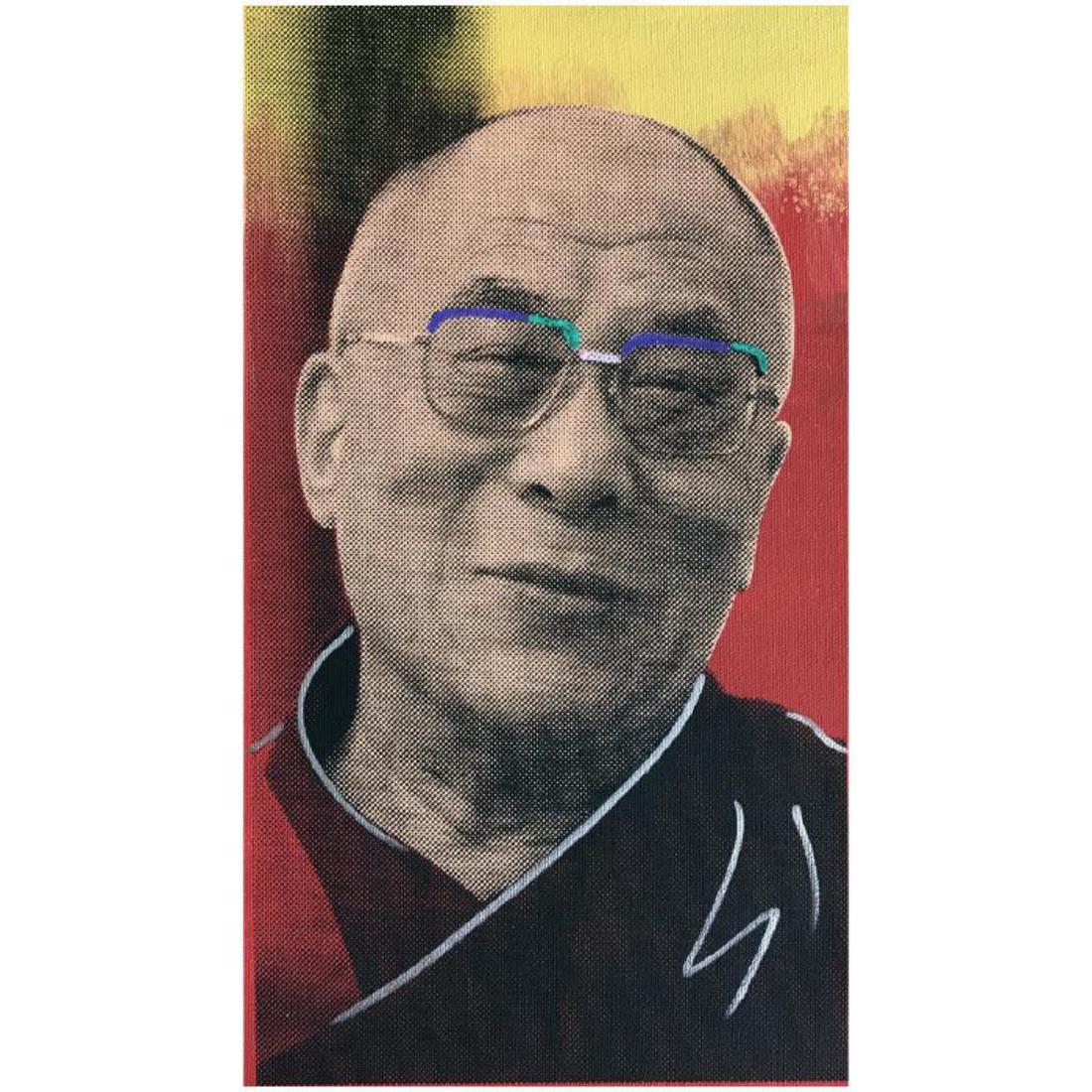 Steve Kaufman "Dali Lama" One of a kind Hand Painted: "Dali Lama" is a one of a kind, hand painted, silkscreen on canvas by Andy Warhol protege Steve Kaufman (1960-2010). The piece is numbered and hand signed by the artist and accompanied by a Certificat