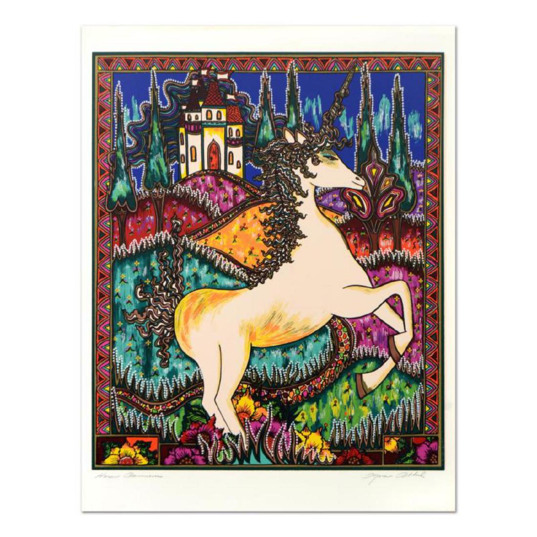 Mara Abboud, "Stained Glass Unicorn" Limited Edition: "Stained Glass Unicorn" is a limited edition lithograph on paper by Mara Abboud numbered and hand signed by the artist. Includes Letter of Authenticity. Measures approx. 30.5" x 31" (border), 24.5" x