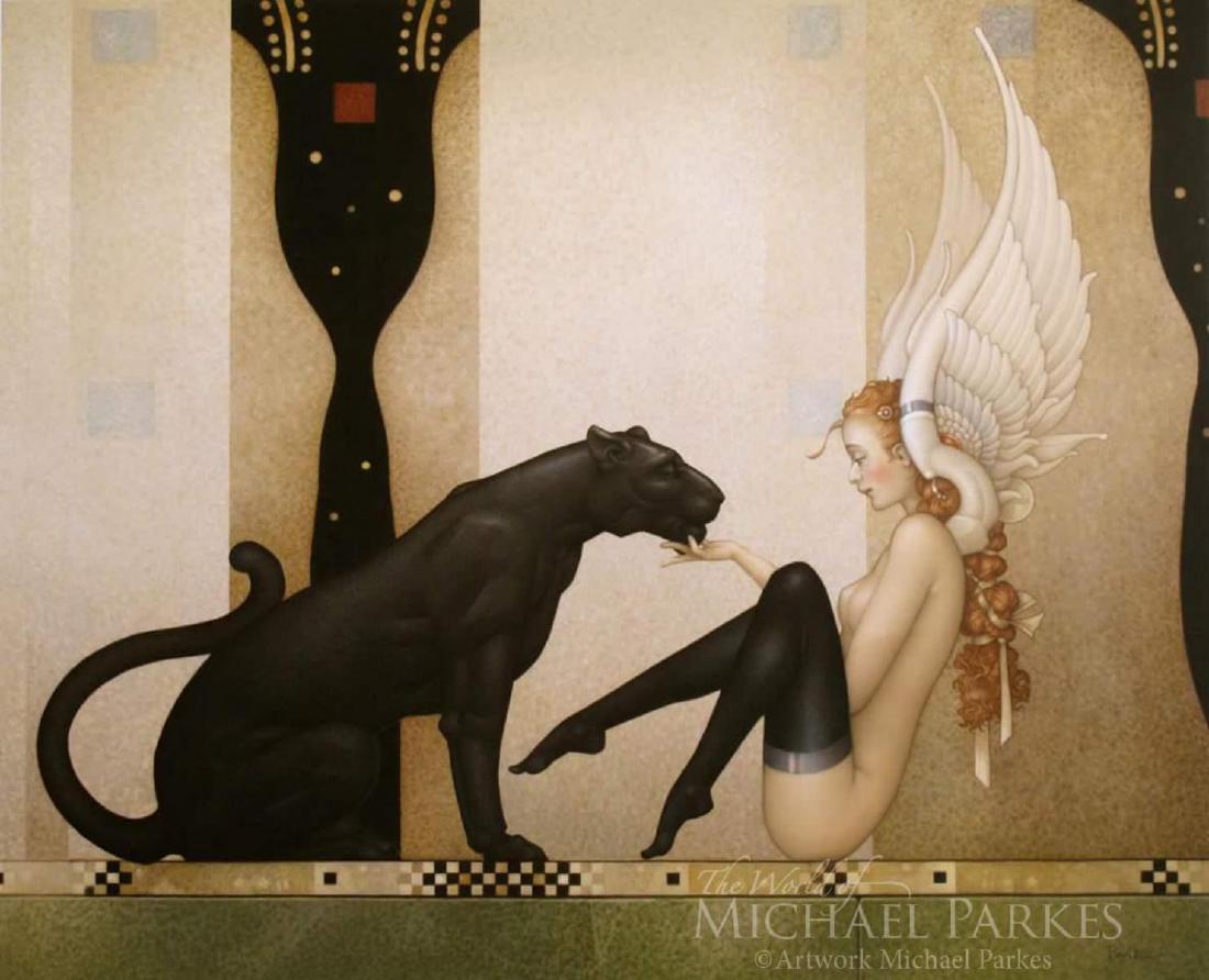 Michael Parkes "Black Panther White Wings" Masterworks: Artist: Michael Parkes. Medium: Masterworks on Canvas. Title: Black Panther White Wings. Size: 37.4" x 30.5" Inches. Edition: 50 Signed and Numbered. Certificate of authenticity is included.