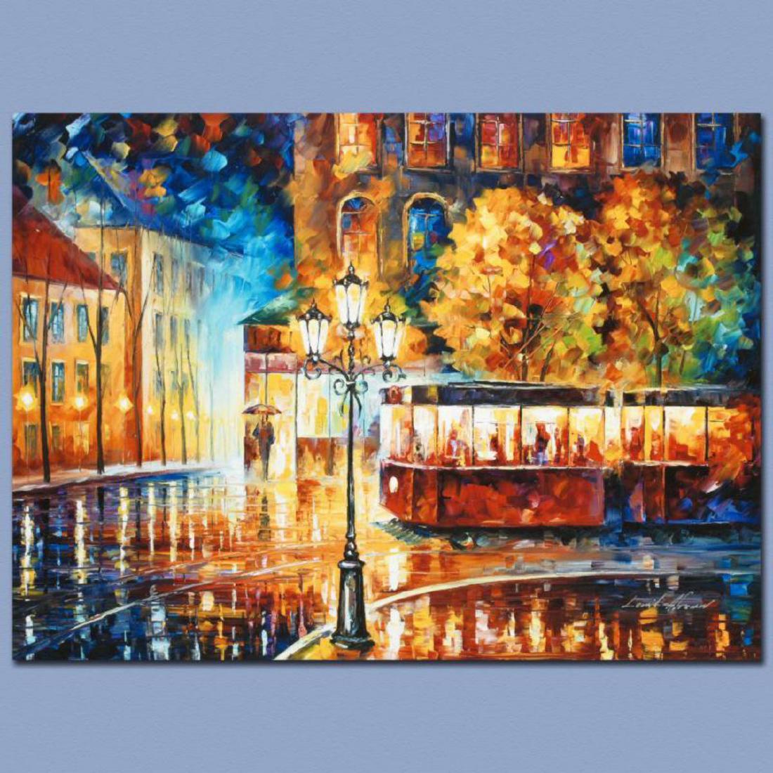 Leonid Afremov "Night Trolley" Limited Edition Giclee: Leonid Afremov's masterful use of color and texture make his paintings unique collectibles that are sure to brighten any wall. "Night Trolley" is a limited edition giclee on canvas. The piece is numbe