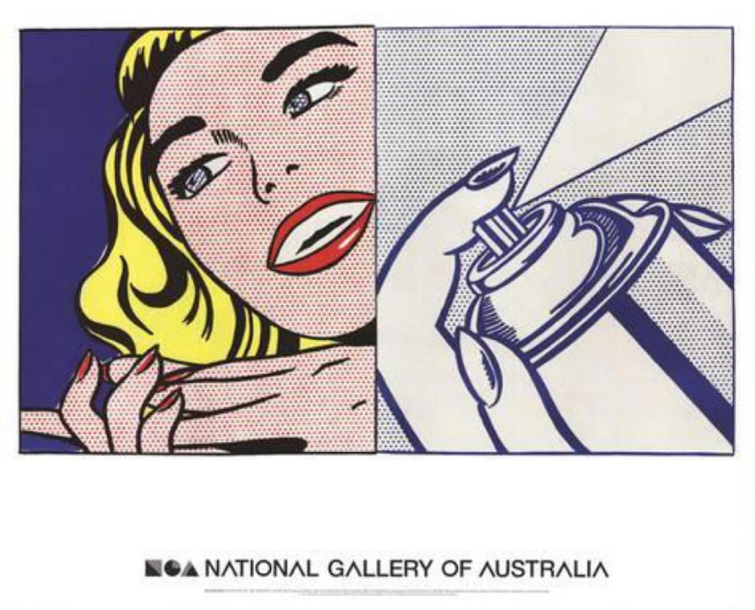 Roy Lichtenstein "Girl and Spray Can" Lithograph: Artist: Roy Lichtenstein. Medium: Lithograph. Title: Girl and Spray Can. Size: 29 x 23 in. Detail reproduction from the 1 Cent Life (1964).