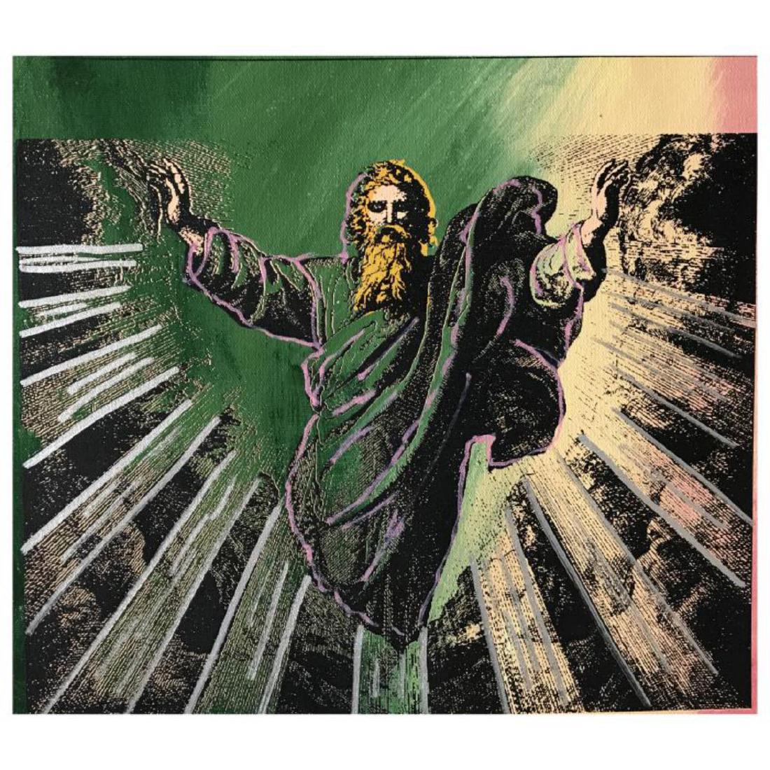 Steve Kaufman (1960-2010) "The Creation" One of a kind: "The Creation" is a one of a kind, hand painted, silkscreen on canvas by Andy Warhol protege Steve Kaufman (1960-2010). The piece is numbered and hand signed by the artist and accompanied by a Certifi