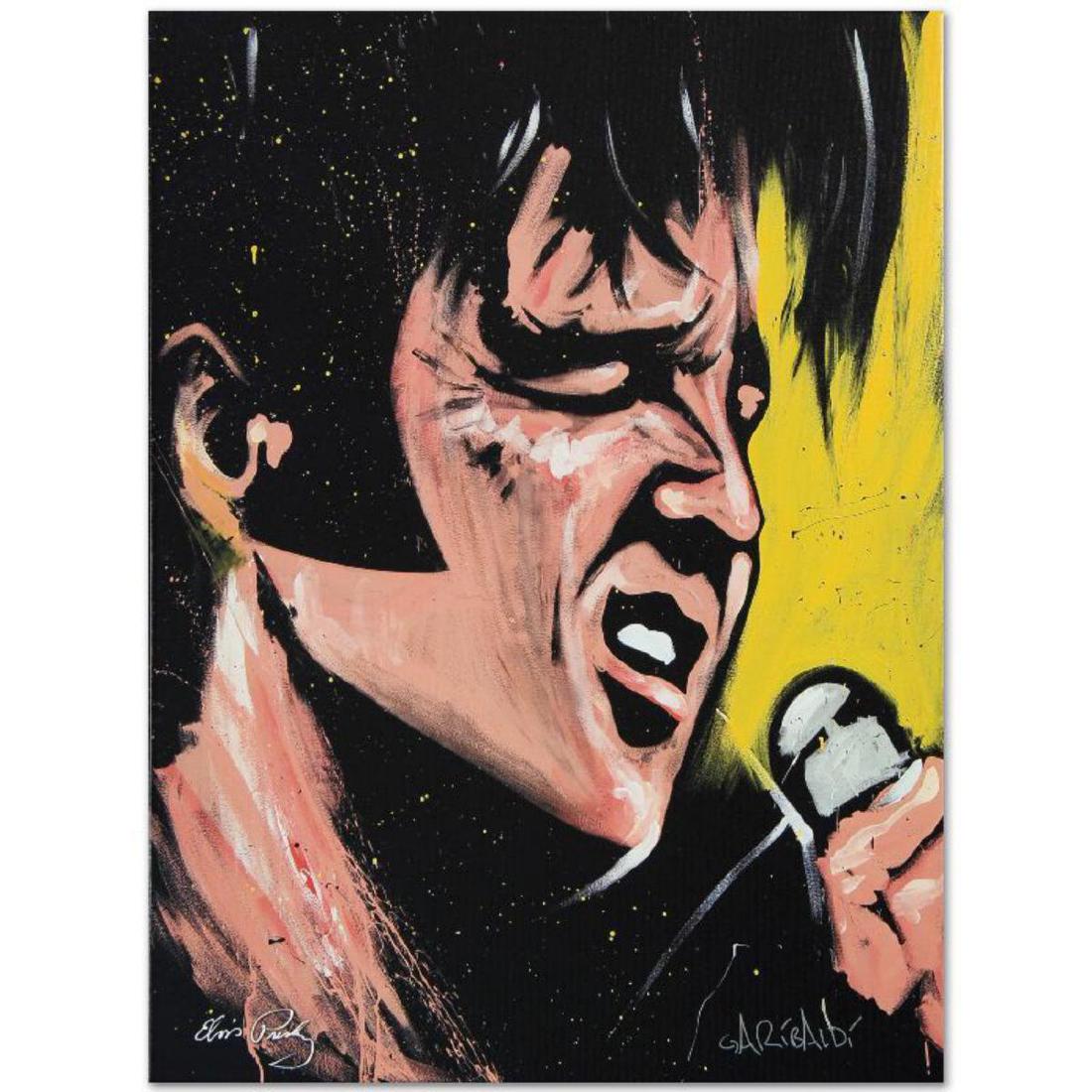 "Elvis Presley (68 Special)" Limited Edition Giclee on: Combining his passions for music and art, David Garibaldi creates stunning visual poetry. "Elvis Presley (68 Special))" is a limited edition giclee on stretched canvas, numbered and bearing the artist
