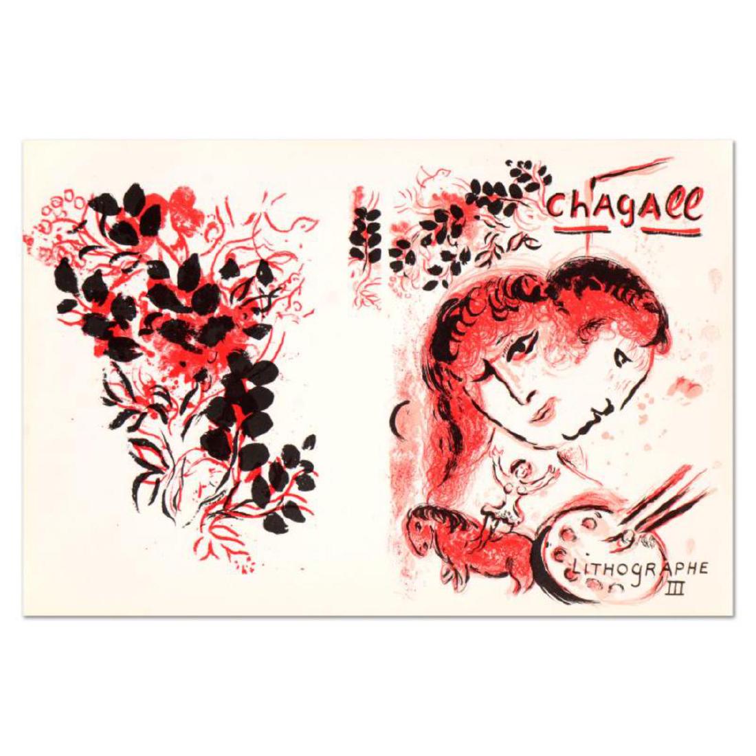 Marc Chagall (1887-1985), "Lithographe III" Original: "Lithographe III" is an original lithograph on paper by Marc Chagall (1887-1985), bearing the plate signature of the artist. Includes Letter of Authenticity. Measures approx. 20.5" x 13.5" (image). Pl