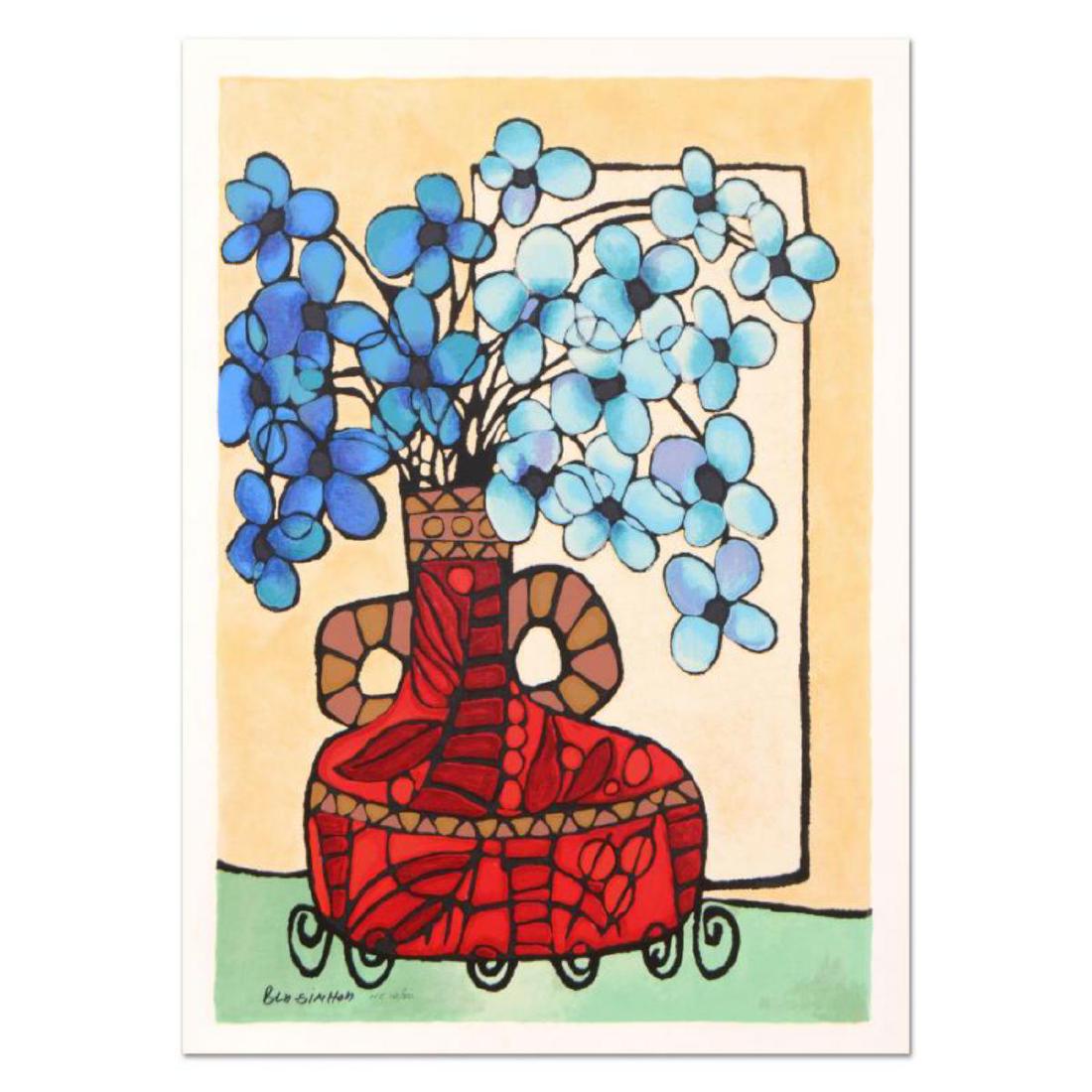 Avi Ben-Simhon - "Blue Flowers" Limited Edition: "Blue Flowers" is a limited edition serigraph on paper, numbered and hand signed by Avi Ben-Simhon. Includes Certificate of Authenticity! Measures approx. 20" x 29" (with border), 17.5" x 27" (image).