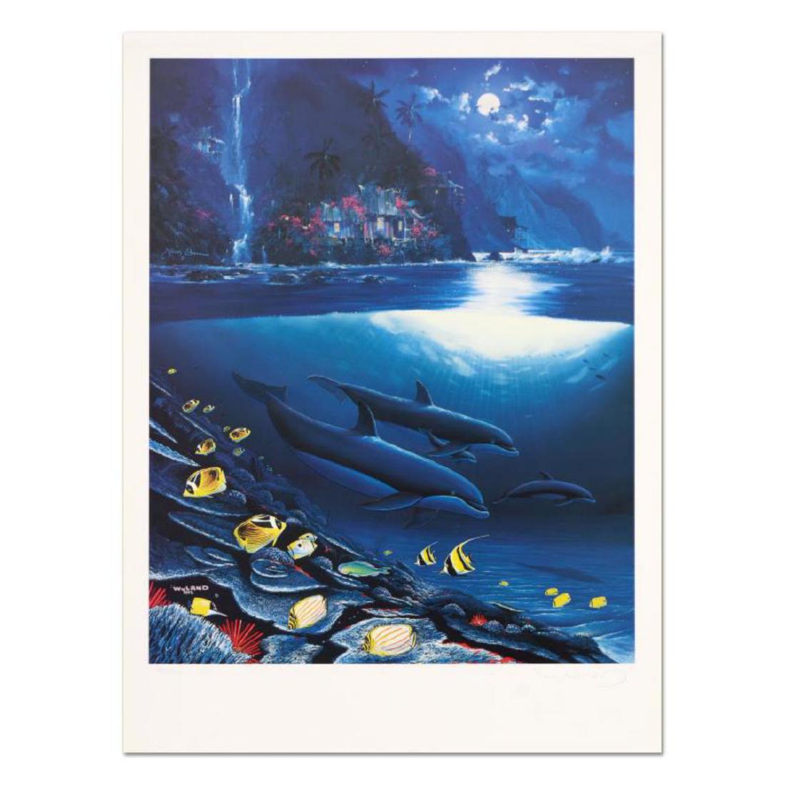 "Paradise" Limited Edition Lithograph by Wyland and Jim: "Paradise" is a limited edition lithograph on paper by Wyland and Jim Warren, numbered and hand signed by the artists. Includes Certificate of Authenticity. Measures approx. 18.5" x 25" (border), 16.5