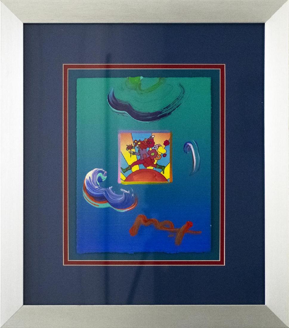 Peter Max- Original Mixed Media "Flower Jumper Over: Artist: Peter Max. Medium: Original Mixed Media. Title: Flower Jumper Over Sunrise 2010 Ver. I #33. Size (Unframed): 11" x 8.5". Size (Framed): 21" x 18". Certificate of Authenticity: From Max Studios