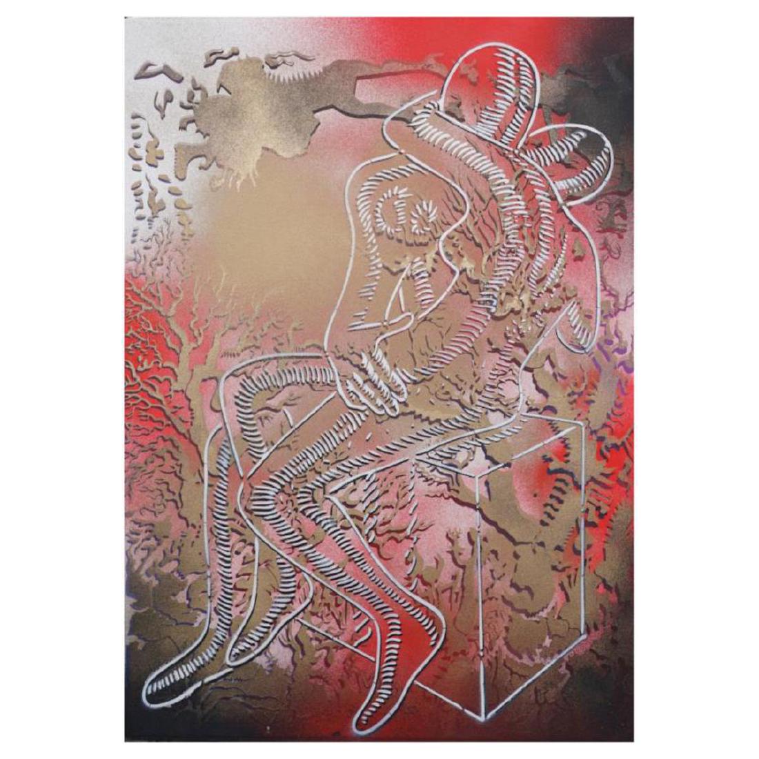 Mark Kostabi, "Infinite Embrace" Mixed Media Original: "Infinite Embrace" is an original mixed media painting on paper by Mark Kostabi. The piece is hand signed and accompanied by a Certificate of Authenticity. Measures approximately 29.5 x 42". Reference