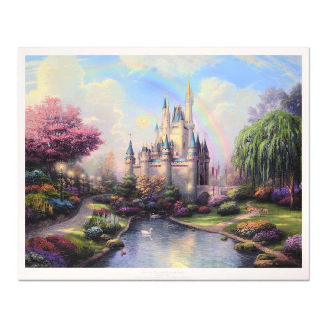 Thomas Kinkade (1958-2012), "A New Day at Cinderella: "A New Day at Cinderella Castle" is an offset lithograph on paper by Thomas Kinkade (1958-2012), PP numbered 3/355 and hand signed by the artist. Includes Certificate of Authenticity from Lighthouse P