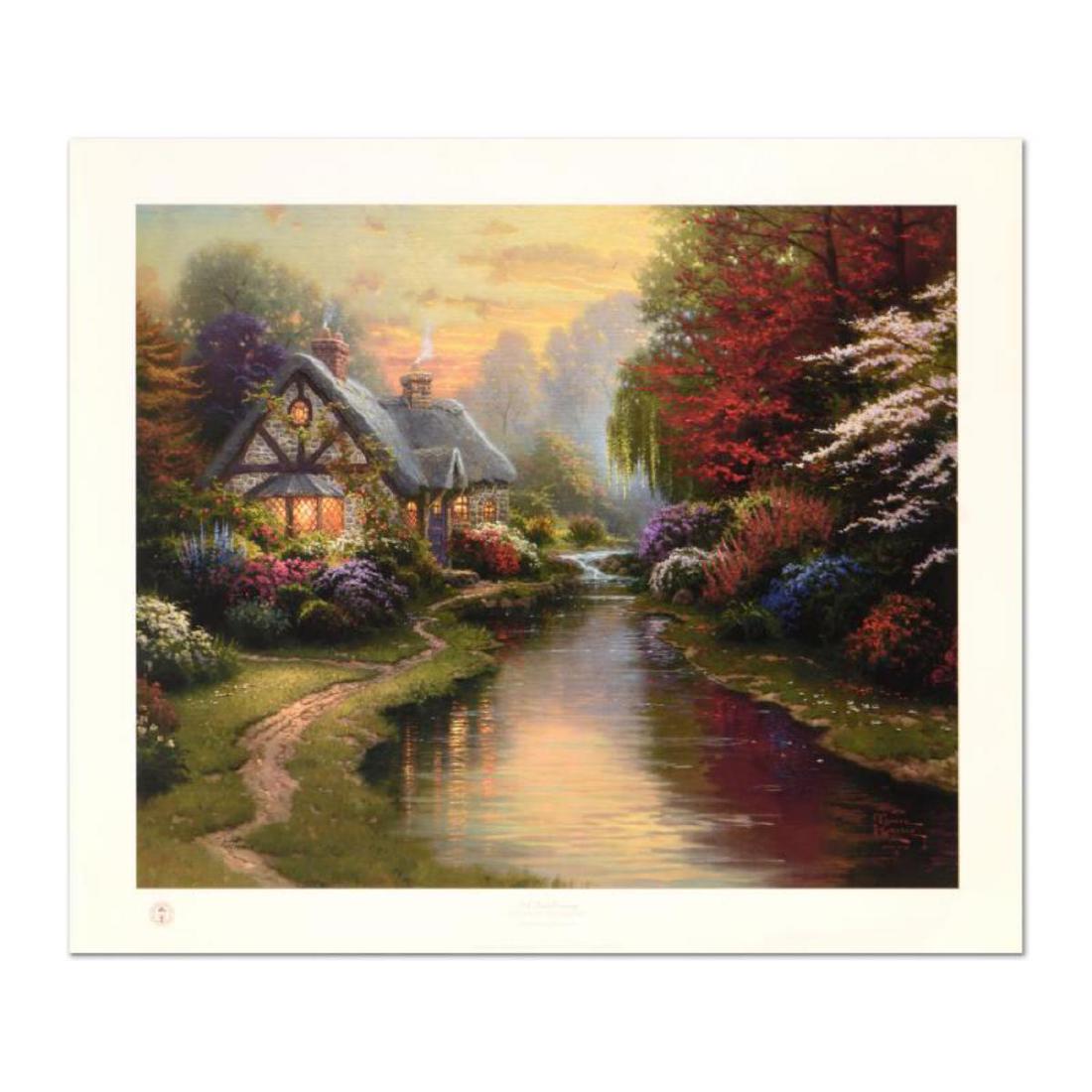 Thomas Kinkade (1958-2012), "A Quiet Evening" Limited: "A Quiet Evening" is an offset lithograph on paper by Thomas Kinkade (1958-2012), numbered 62/3850 and hand signed by the artist. Includes Certificate of Authenticity from Lighthouse Publishing. Measu