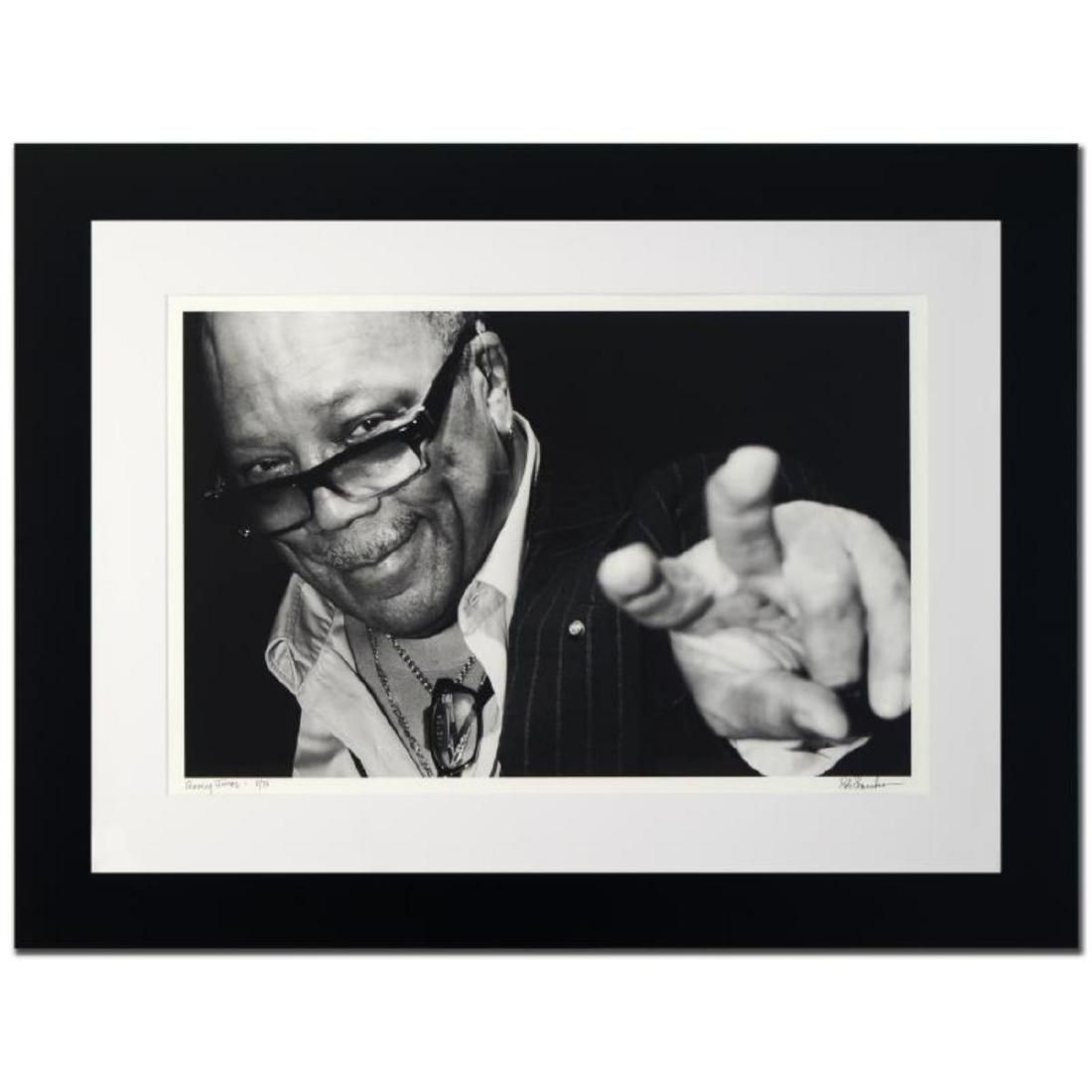 "Quincy Jones" Limited Edition Giclee by Rob Shanahan,: "Quincy Jones" is a limited edition giclee on paper, numbered and hand signed by acclaimed music industry photographer Rob Shanahan. This piece comes custom framed. Includes Certificate of Authenticit