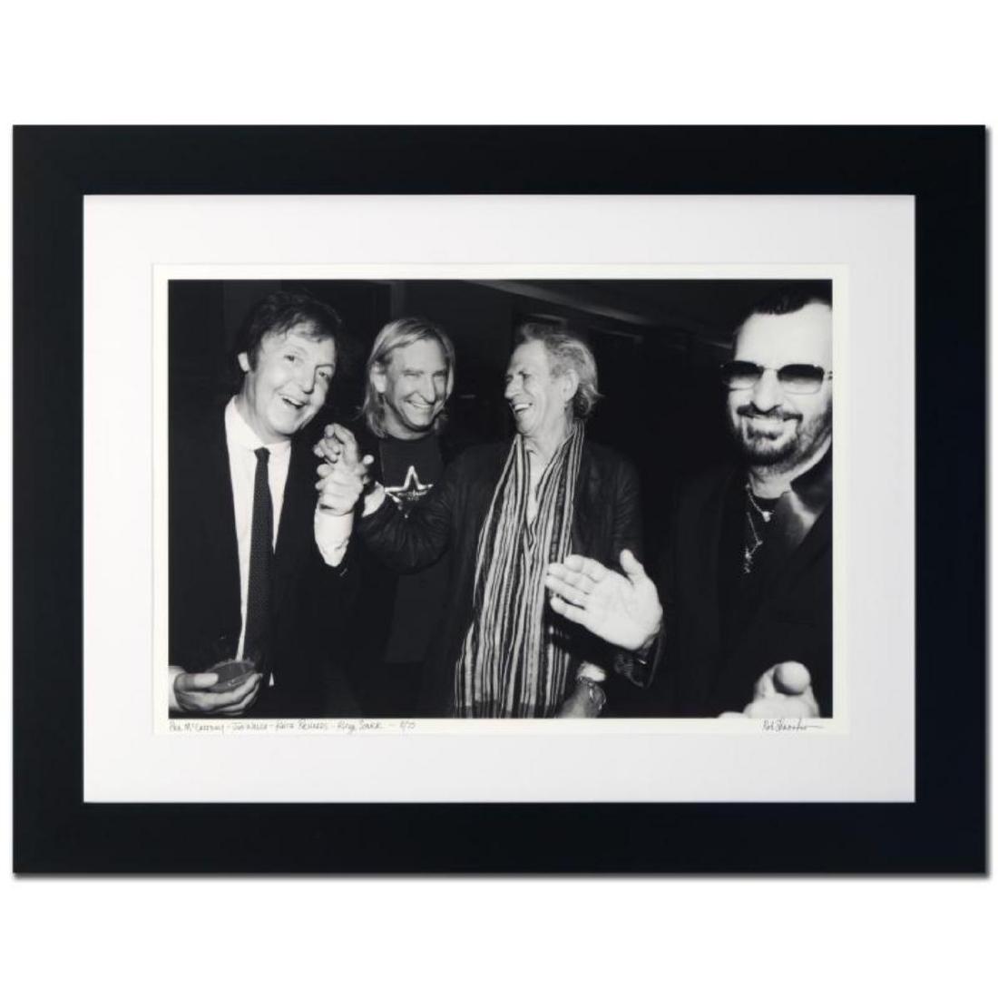 "Paul McCartney, Joe Walsh, Keith Richards & Ringo: "Paul McCartney, Joe Walsh, Keith Richards & Ringo Starr" is a limited edition giclee on paper, numbered and hand signed by acclaimed music industry photographer Rob Shanahan. This piece comes custom 