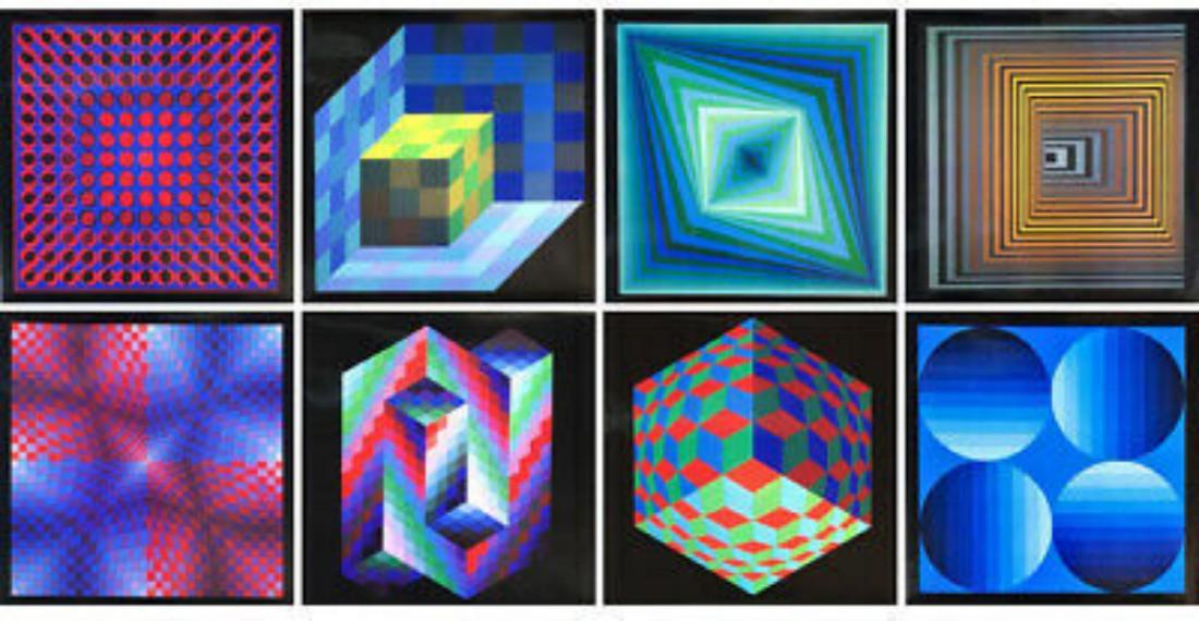 Victor Vasarely (1908-1997)- Heliogravure prints: Artist: Victor Vasarely (1908-1997). Medium: Heliogravure prints. Title: Progressions 2 Portfolio. Size (Unframed): 16" x 16". Additional: "Progressions 2 Portfolio" includes 8 heliogravure prints on 