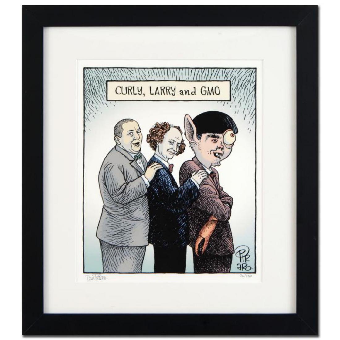 Bizarro! "Three Stooges GMO" is a Framed Limited: Enter a surreal and satirical world of twisted imagination and award winning creativity. "Three Stooges GMO" is a limited edition giclee on paper by Dan Piraro, creator of the critically acclaimed and