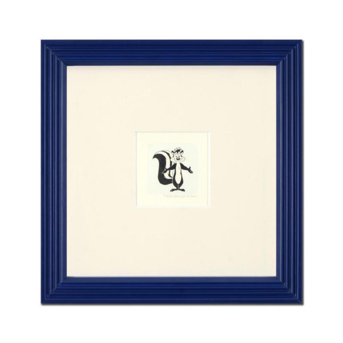 "Pepe Le Pew" Framed Limited Edition Etching with: "Pepe Le Pew" is a limited edition etching on paper with hand-tinted coloring from Warner Bros, numbered and dated 1999. This piece comes framed. Measures approx. 9" x 9" (with frame), 2" x 2.5" (imag