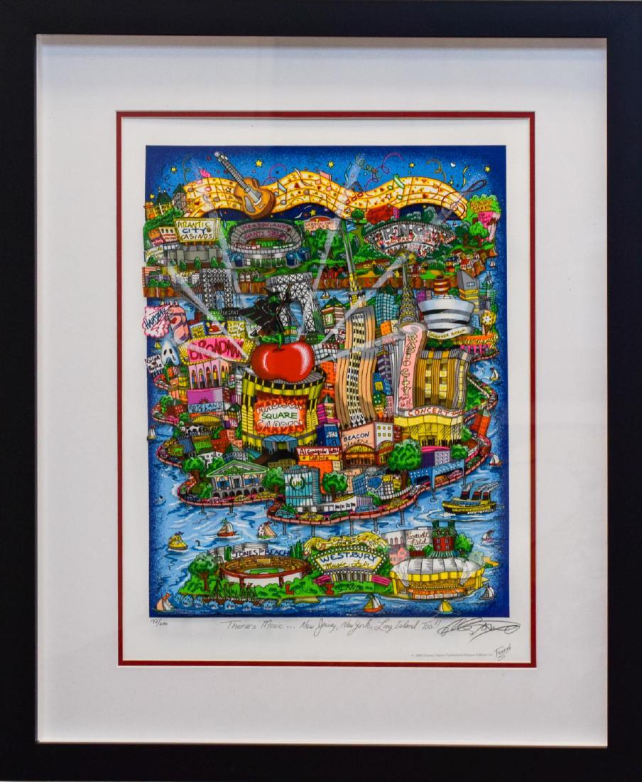 Charles Fazzino- 3D Construction Silkscreen Serigraph: Artist: Charles Fazzino. Medium: 3D Construction Silkscreen Serigraph. Title: There's Music... New Jersey, New York, Long Island Too!. Size (Unframed): 23" x 17". Size (Framed): 32" x 27". Limited Edi