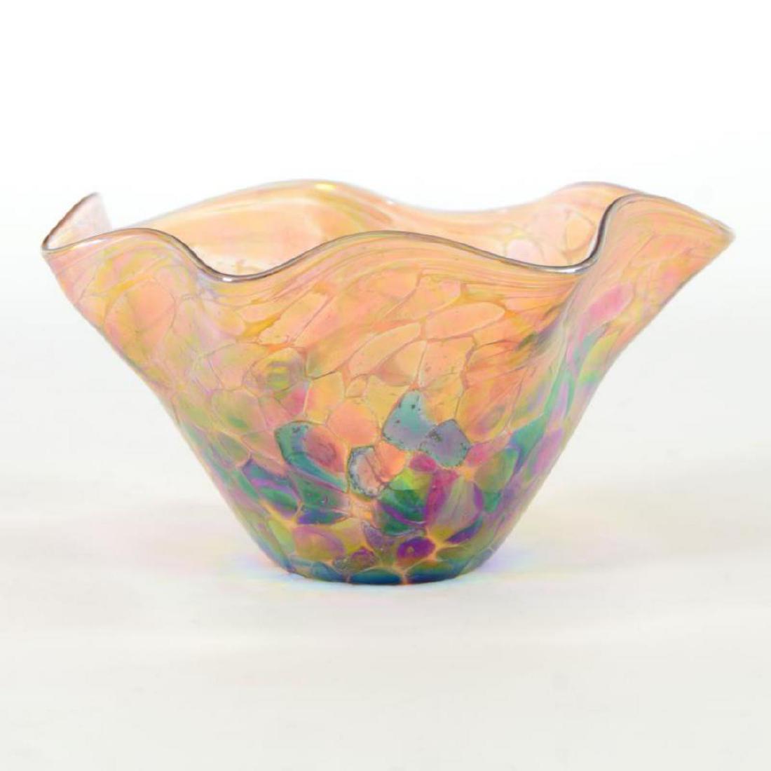 Glass Eye Studios, "Mini Wave Bowl (Island Mix)" Hand: "Mini Wave Bowl (Island Mix)" is a hand blown glass bowl (second) from Glass Eye Studios. This piece contains ash from the 1980 volcanic eruption of Mount St. Helens. As each piece is individually han