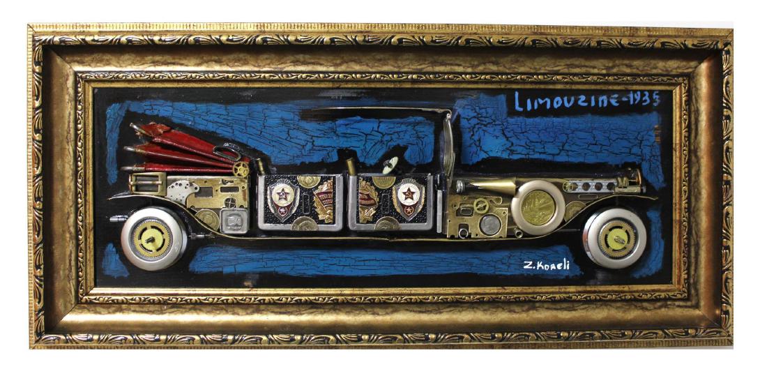Zaza Koreli- Original Collage on Wood Panel "limouzine: Artist: Zaza Koreli. Medium: Original Collage on Wood Panel. Title: limouzine 1935. Size (Unframed): 8" x 22". Size (Framed): 12" x 26". Certificate of Authenticity: From the publisher. Reference# 101