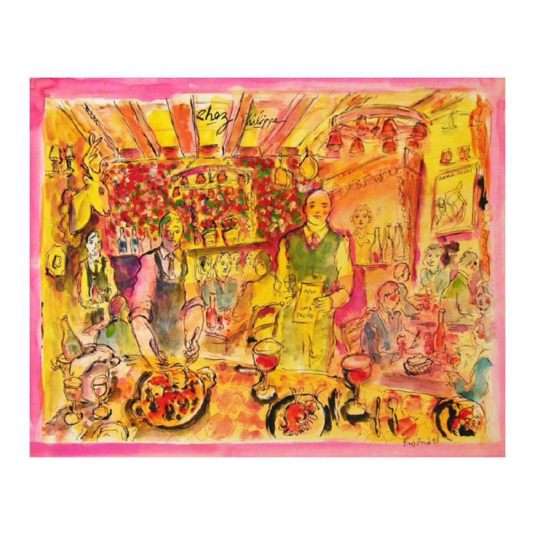 Wayne Ensrud "Chez Philippe, Paris" Mixed Media: "Chez Philippe, Paris" is an original Mixed Media on Board by Wayne Ensrud. The piece is hand signed by the artist and comes with a Certificate of Authenticity. Measures approximately 20" x 24". Refer